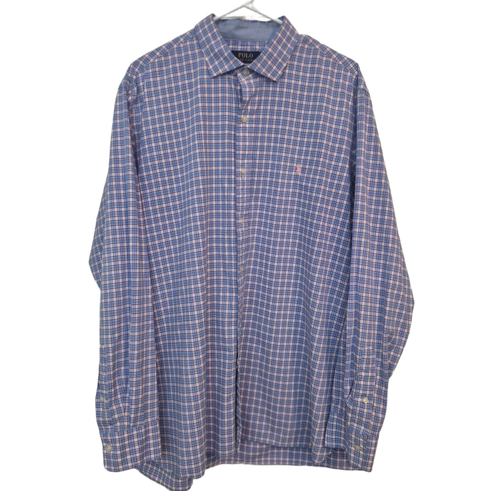Ralph Lauren Classic Blue Plaid Cotton Long Sleeve Button Shirt Men's Xtra Large